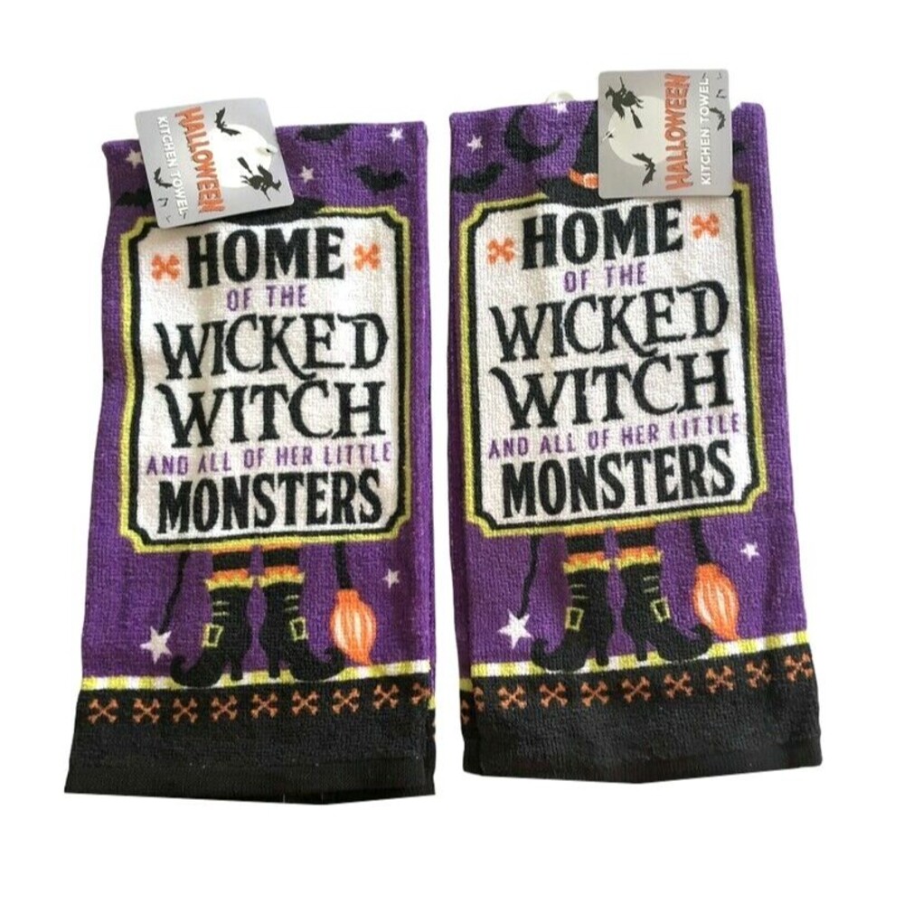 Halloween Trick Treat Kitchen Dish Towels Home of Wicked Witch Monster Set of 2
